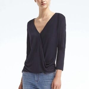 Banana Republic Womens Black Faux Wrap Blouse Top Size XS Long Sleeve V-Neck